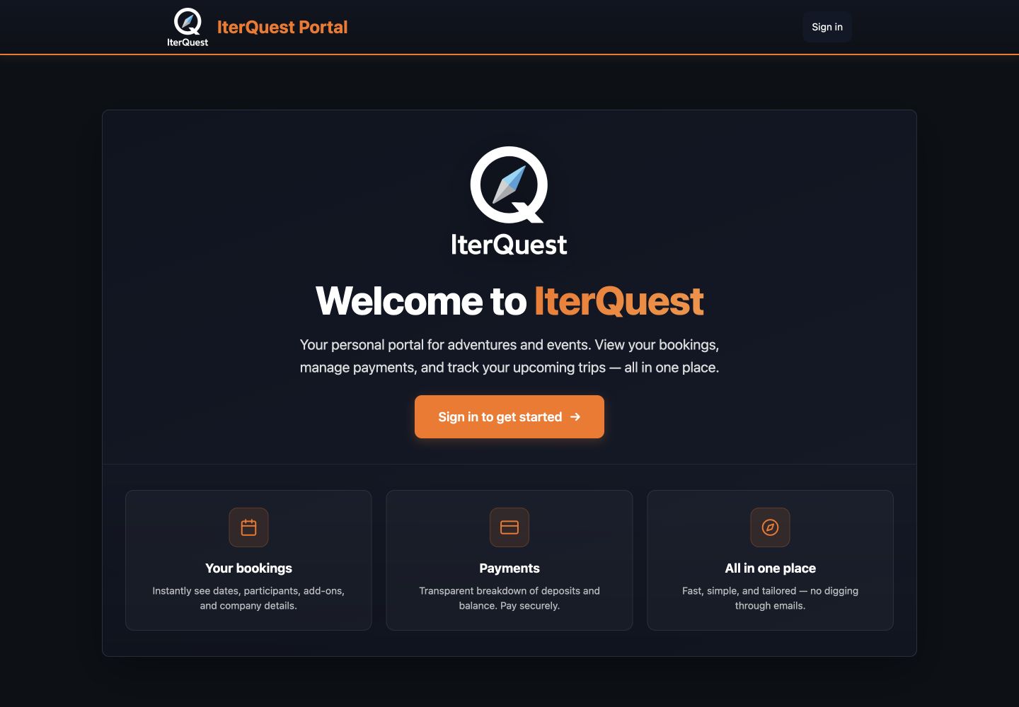 Customer portal welcome screen introducing bookings, payments, and trip information.