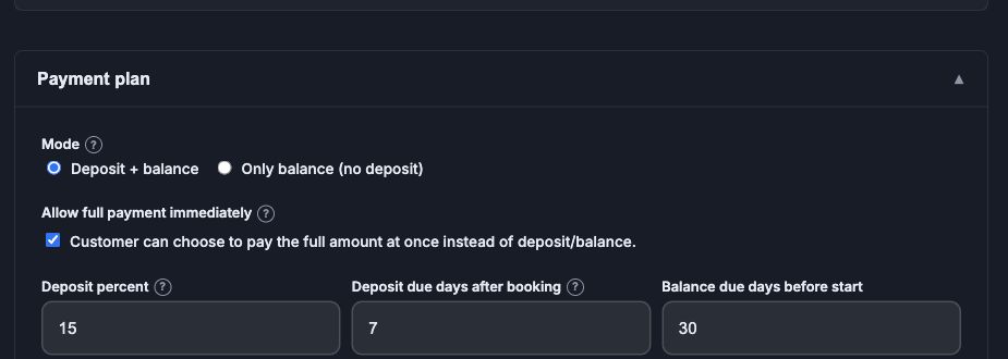 Payment-plan controls for deposit percentage, deposit due date, balance due date, and full-payment options.